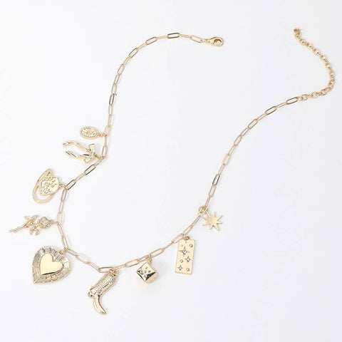 Western Charm Necklace with Bow, Cowboy Hat, Multi Charm, Girly Jewelry, Gift Idea for Her, Western Style