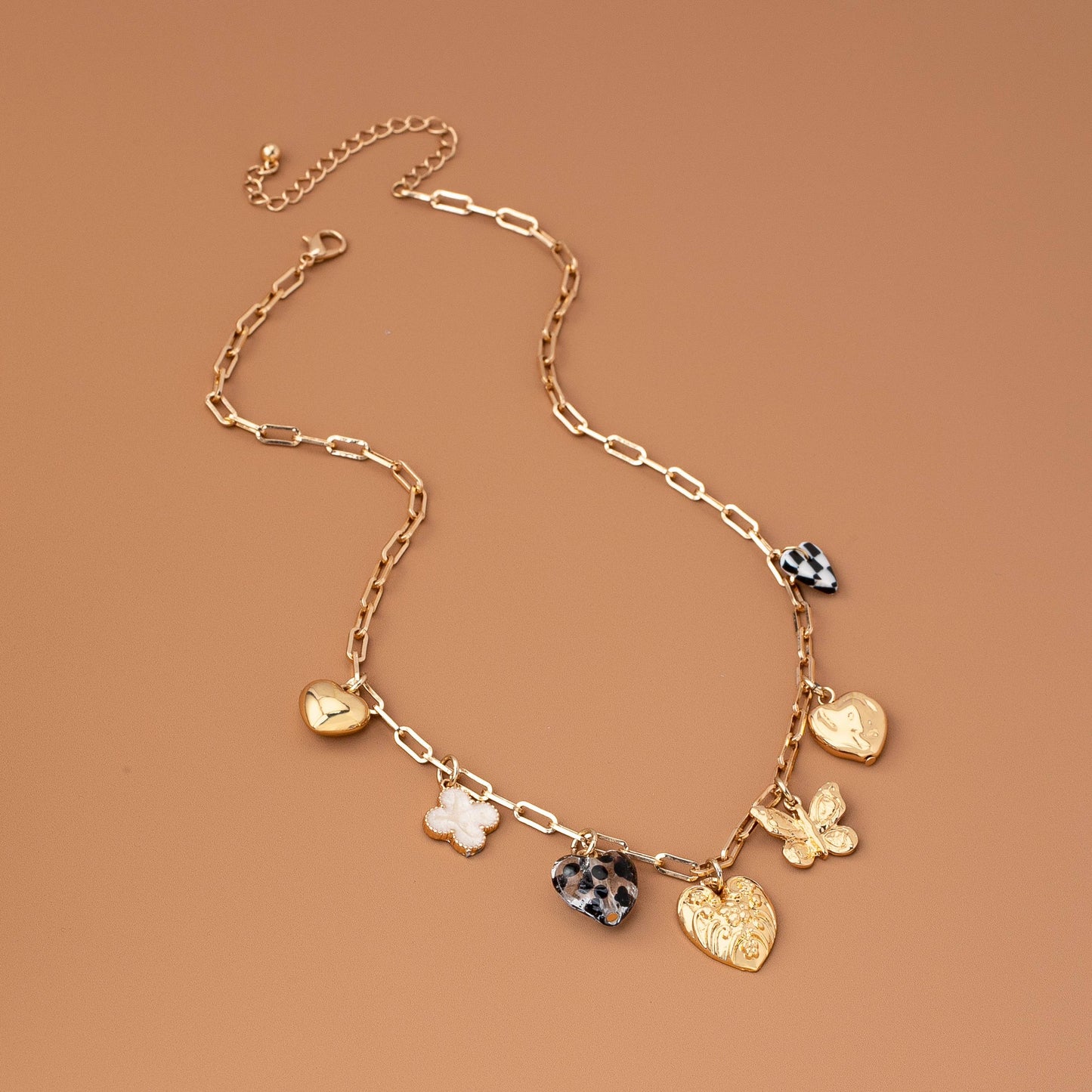 Hearts Checker Rhinestone Charm Necklace