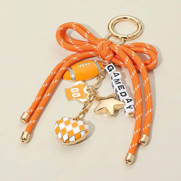 Football Charm Game Day Message Beaded Rope Bow Accent Keychain / Bag Charm Gold Orange White