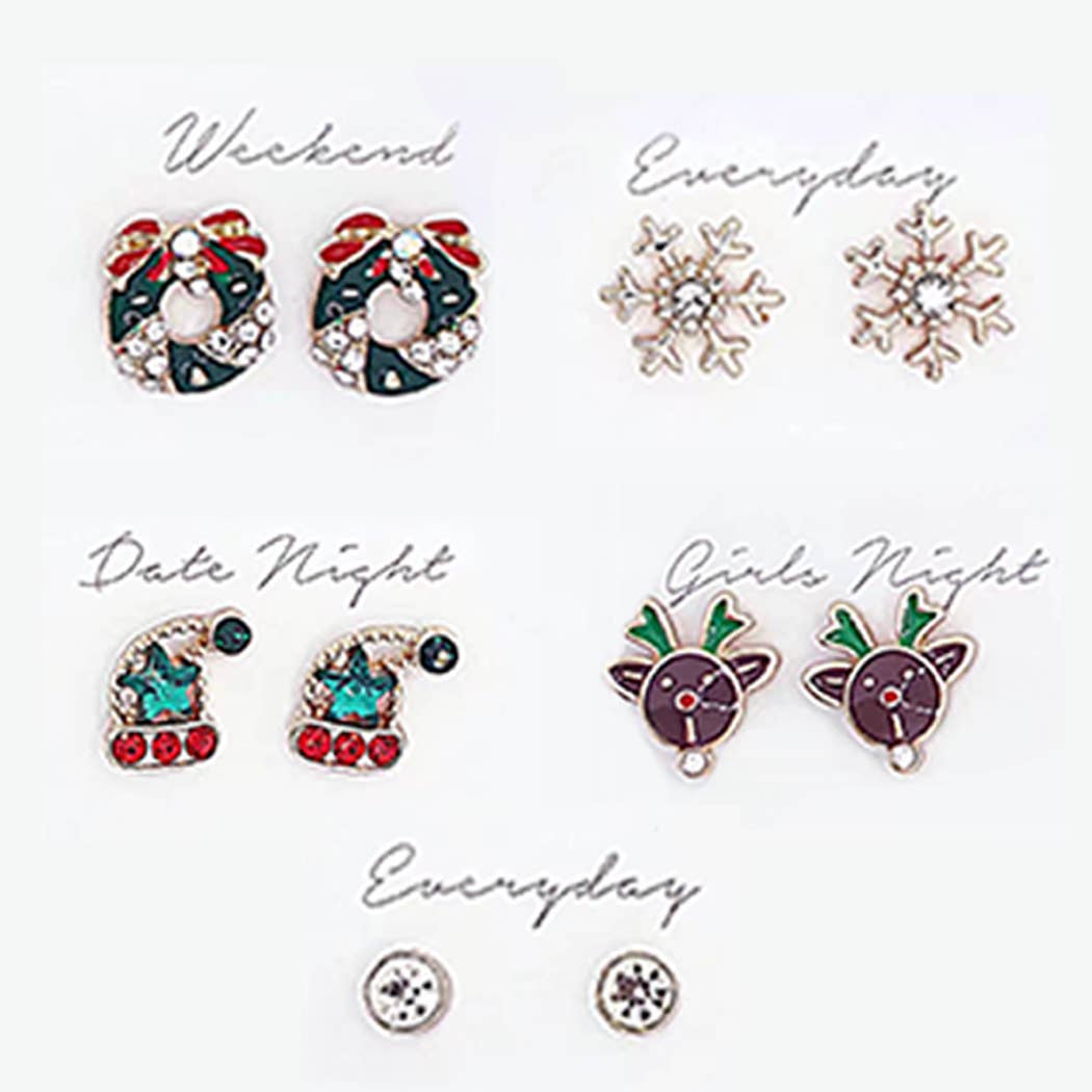 5 Pairs Christmas Stud Earrings Set with Gift Box GN ONE SIZE