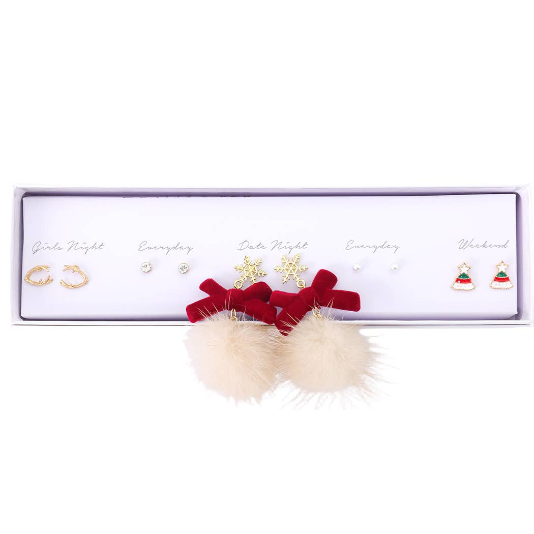 5 Pairs Festive Christmas Stud Earrings Gift Box Christmas Earrings