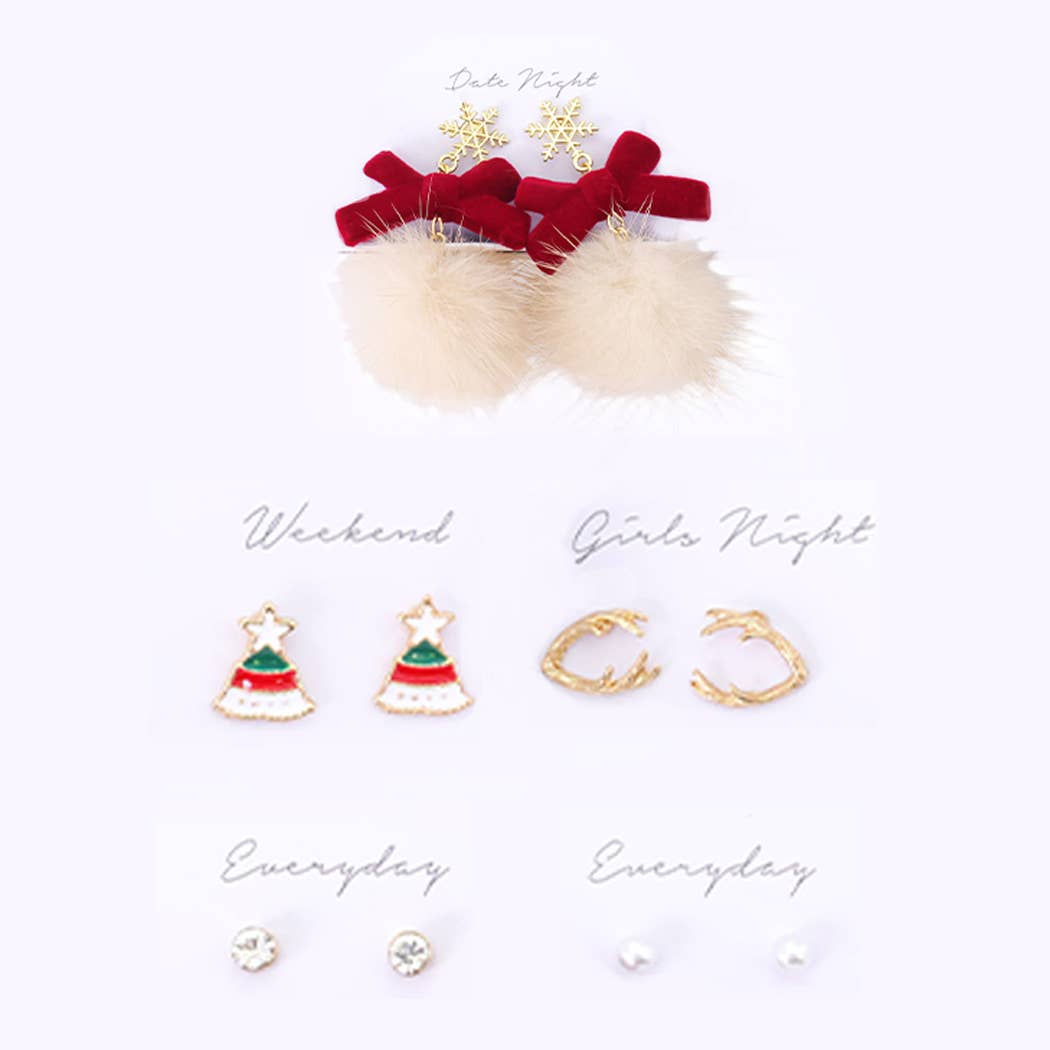 5 Pairs Festive Christmas Stud Earrings Gift Box Christmas Earrings ONE SIZE RED