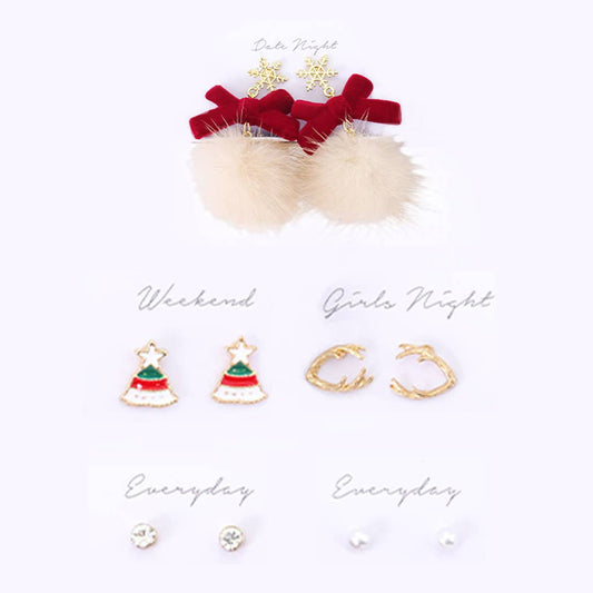 5 Pairs Festive Christmas Stud Earrings Gift Box Christmas Earrings ONE SIZE RED