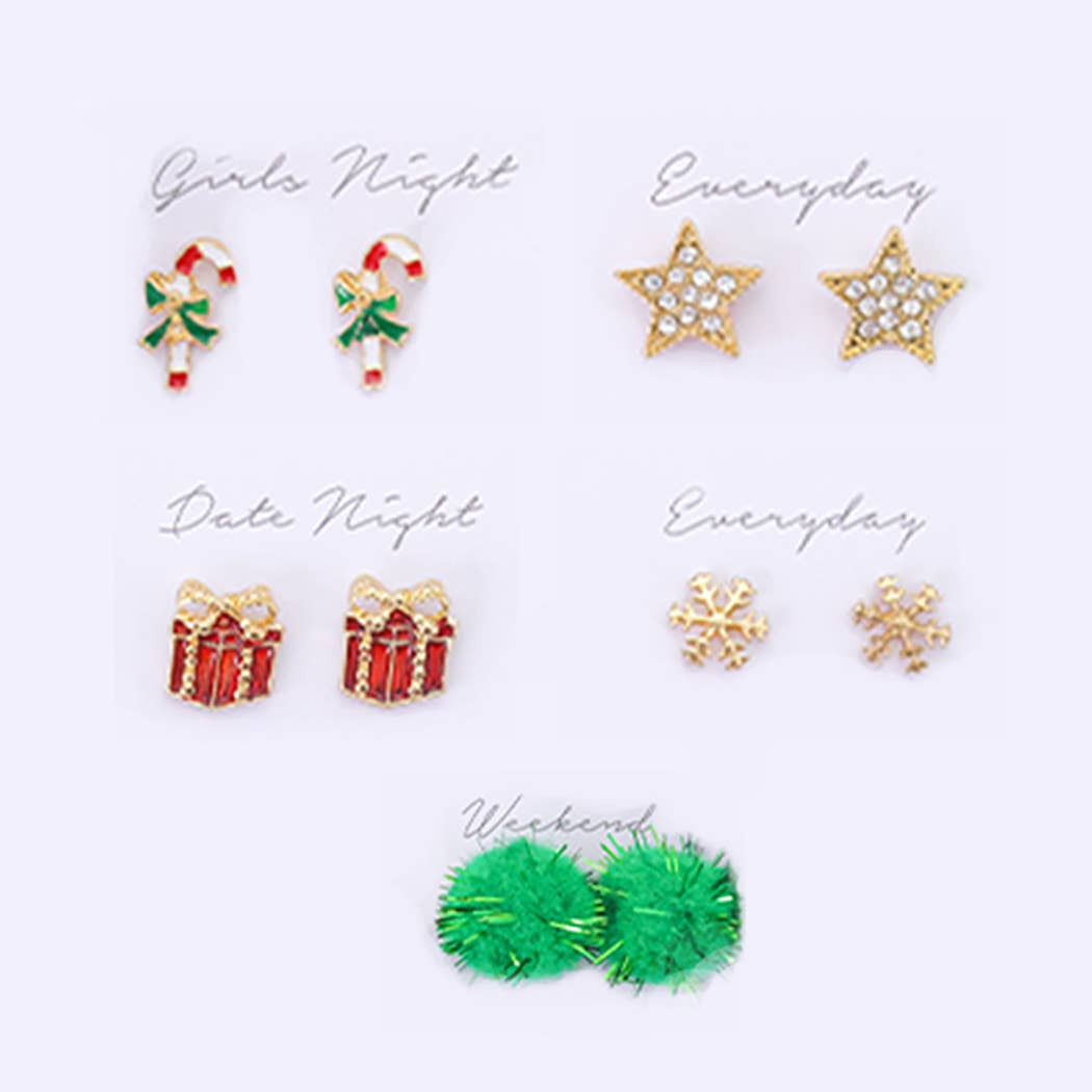 5 Pairs Holiday Christmas Stud Earrings Gift Box