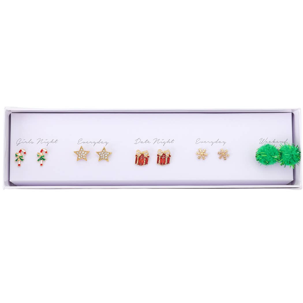 5 Pairs Holiday Christmas Stud Earrings Gift Box