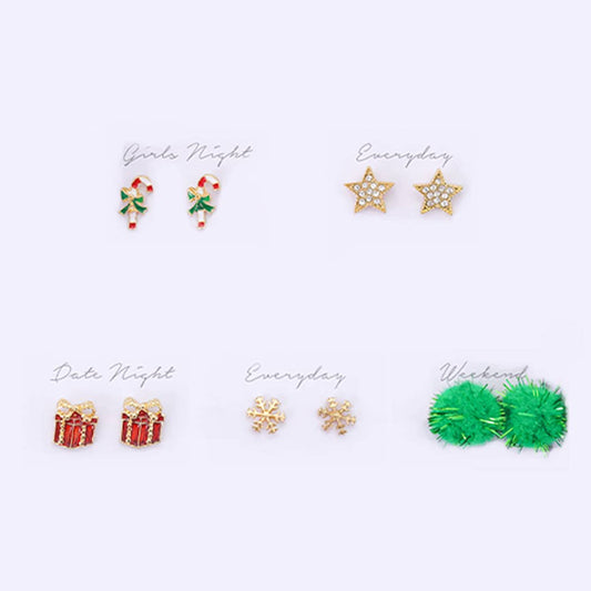 5 Pairs Holiday Christmas Stud Earrings Gift Box RED ONE SIZE