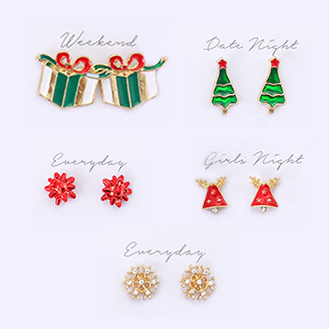 5 Pairs Holiday Stud Earrings Set with Gift Box RED ONE SIZE