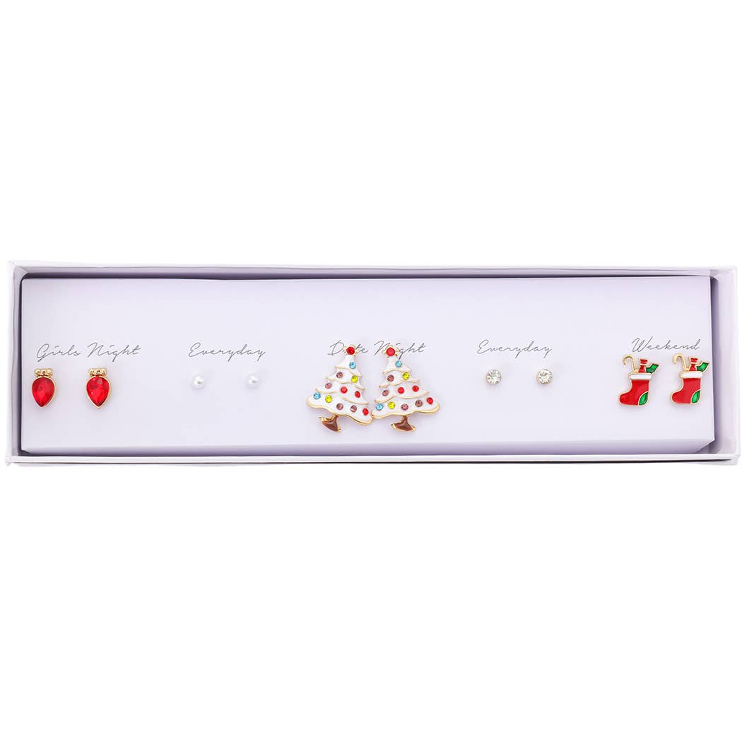 5 Pairs Joyful Holiday Stud Earrings Gift Box