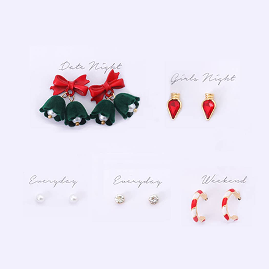 5 Pairs Merry & Bright Stud Earrings Gift Box ONE SIZE GRN