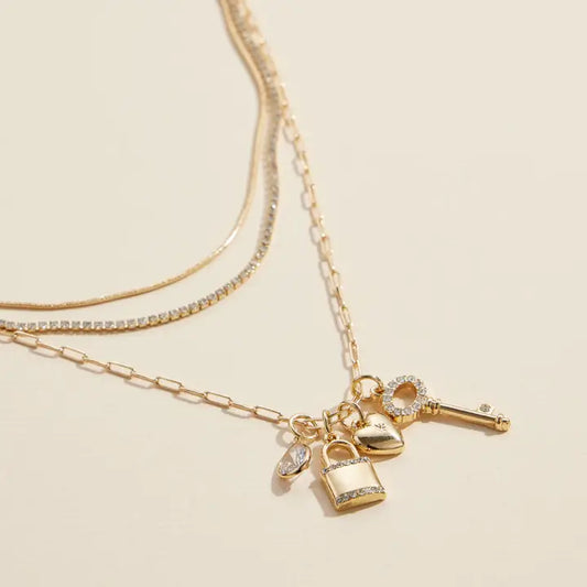 Layered Necklace with Lock, Key & Heart Charms Gold