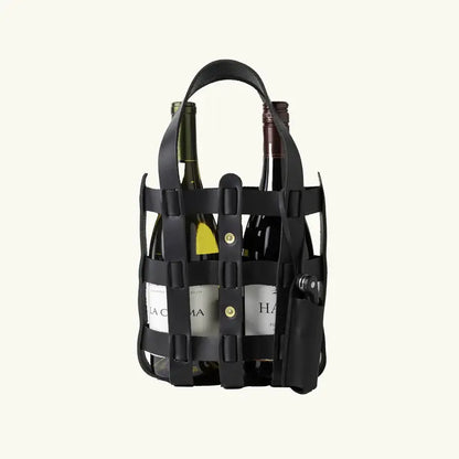 Black wine carrier holding three bottles on a white background