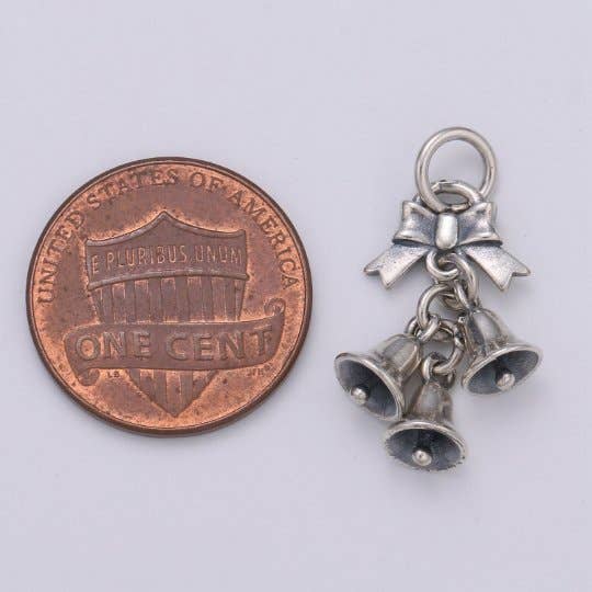 Silver Bells Charm 925 Sterling Charm, Holiday Charm Silver Ribbon Charm for Necklace Bracelet Earring, Dangling Charm SL-197