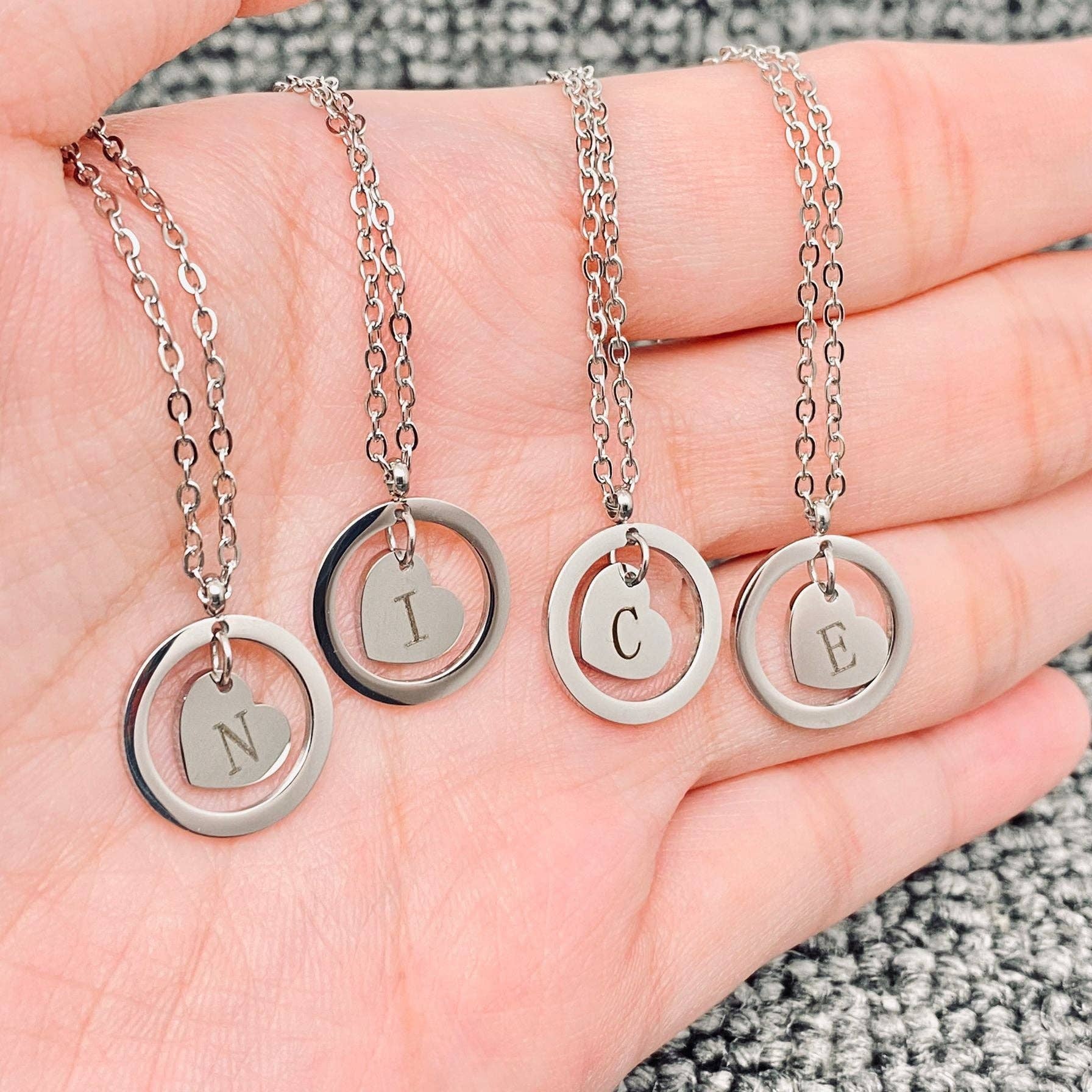 Initial Heart Charm In Ring Stainless Steel Necklace Initial Necklace