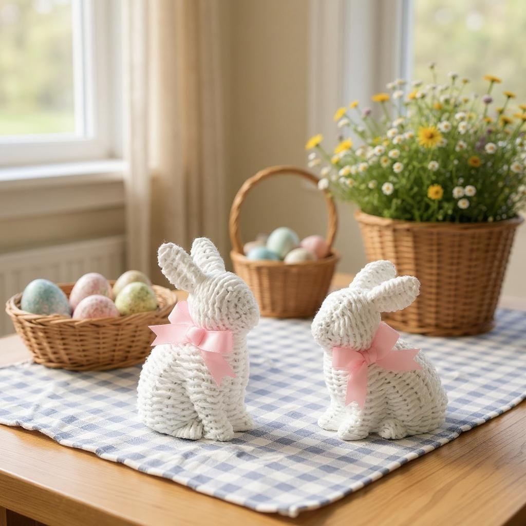 5.25" White Woven Bunny Set of 2 - Nifty Decor & More