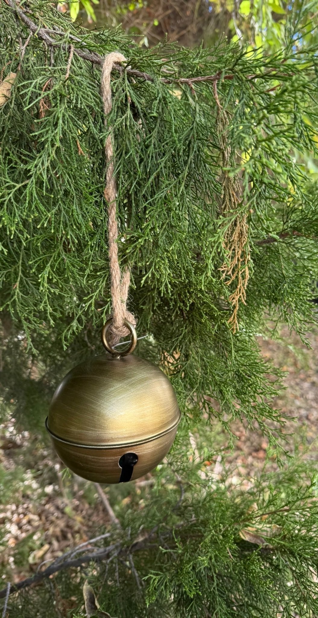 5.5" Antique Gold Metal Jingle Bell Tree Ornament - Rustic Christmas Greenery Accent - Nifty Decor & More