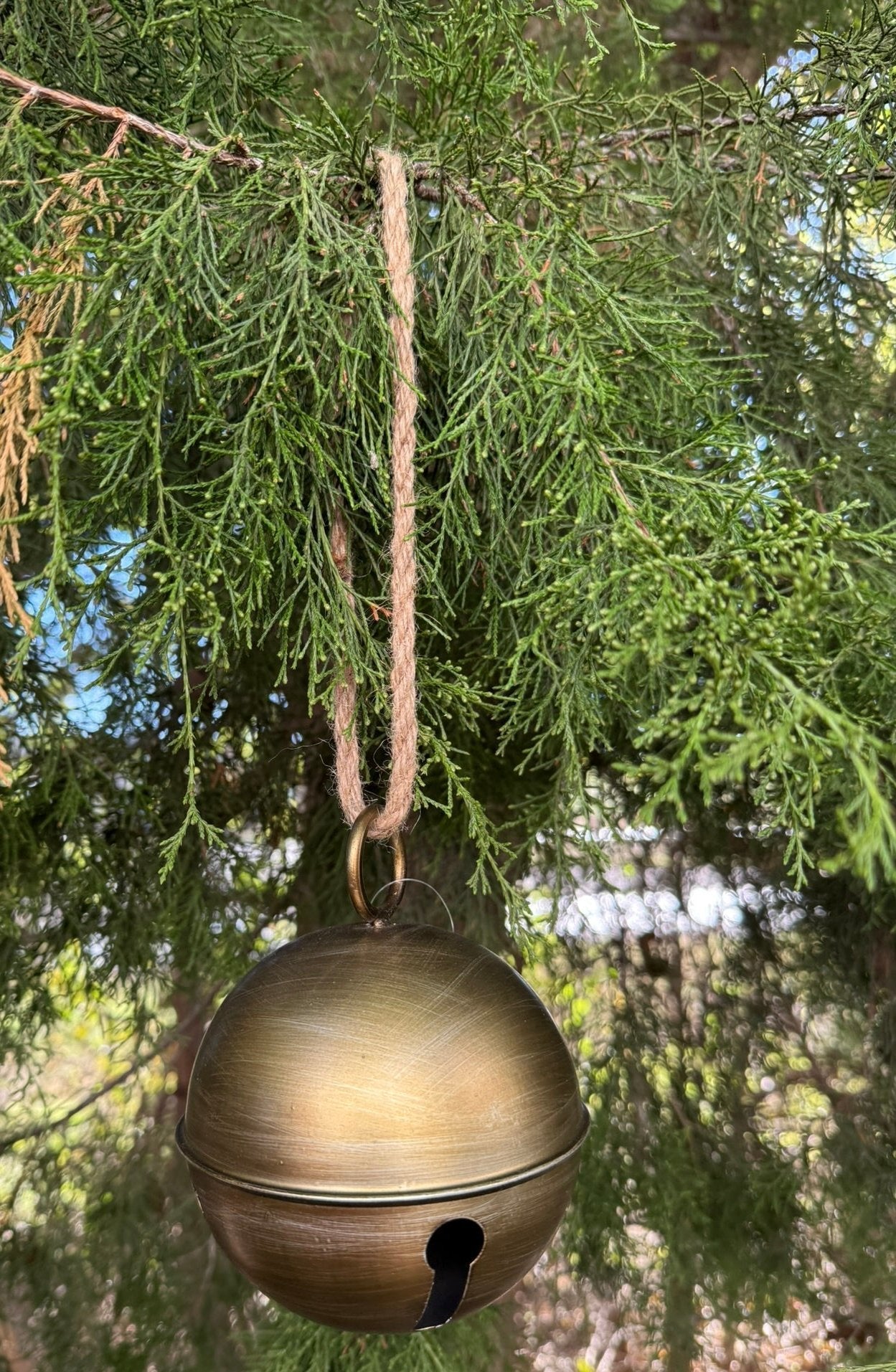 5.5" Antique Gold Metal Jingle Bell Tree Ornament - Rustic Christmas Greenery Accent - Nifty Decor & More