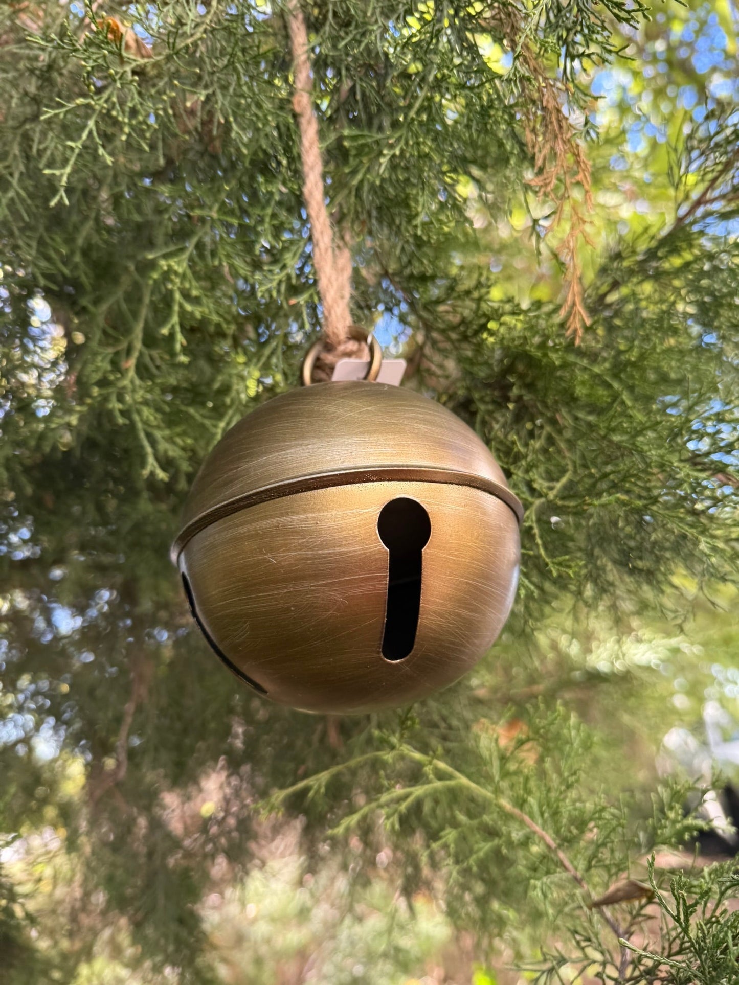 5.5" Antique Gold Metal Jingle Bell Tree Ornament - Rustic Christmas Greenery Accent - Nifty Decor & More