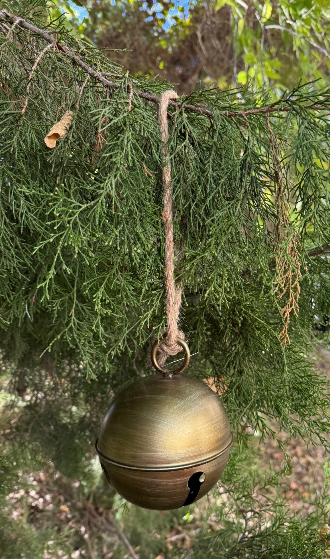 5.5" Antique Gold Metal Jingle Bell Tree Ornament - Rustic Christmas Greenery Accent - Nifty Decor & More