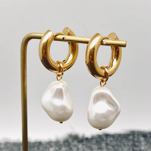 Pearl Charm Huggie Earrings, 18K Stainless Steel, Elegant Everyday Wear, Perfect Gift for Her