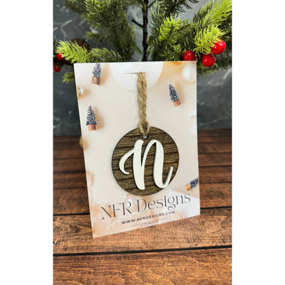 Farmhouse Initial Christmas Ornament, Personalized Wooden Monogram Ornament, Rustic Shiplap Tree Ornament, Custom Stocking Tag, Housewarming Gift Christmas Ornament N - Cursive White letter/Dark backing