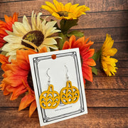 Wooden Pumpkin Earrings  Wavy Lines Yellow Silver