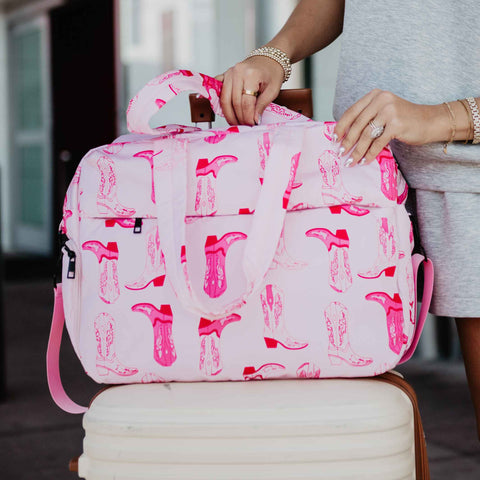Western Boots Light Pink Weekender Bag, Trendy Travel Tote for Weekend Trips, Sweet Gift for Travelers Tote Bag