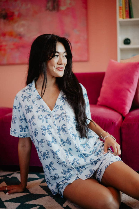 Toile Print Pajamas with Coquette Bows, Adorable Soft Sleepwear for Cozy Nights, Perfect Gift for Girls & Ladies Who Love Cute PJs