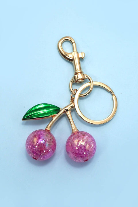 Pearlie Cherry Drop Keychain, Croquette Preppy Bag Charm with Leaf Accent, Stylish Purse Accessory, Gift for Her Pink