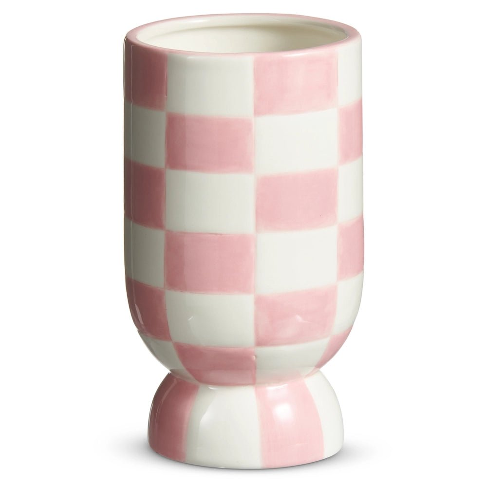 6" Pink and White Checkerboard Ceramic Vase - Water Sealed Decorative Urn - Nifty Decor & More