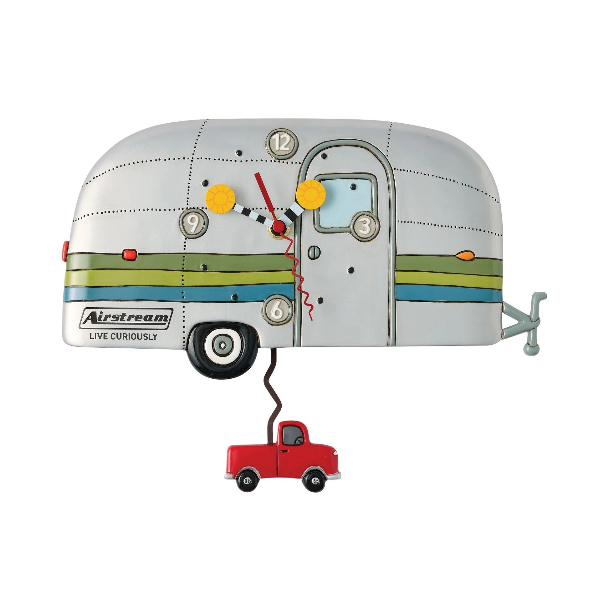 Decorative wall clock shaped like a camper with a red truck attached, on a white background.