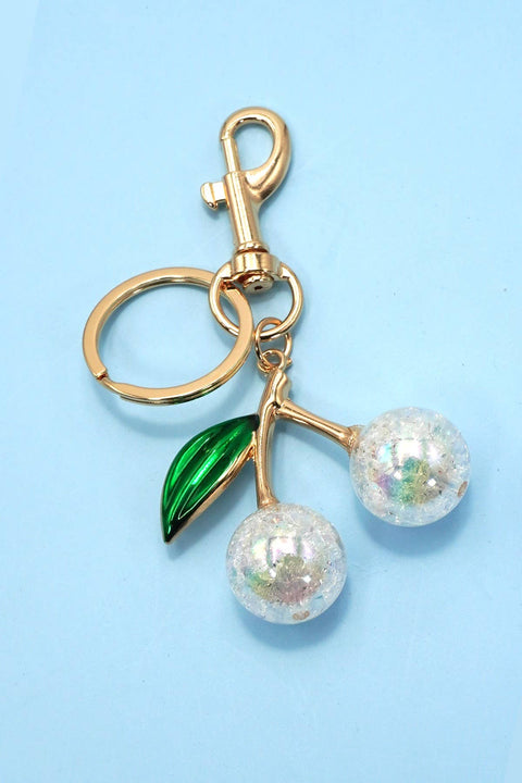 Pearlie Cherry Drop Keychain, Croquette Preppy Bag Charm with Leaf Accent, Stylish Purse Accessory, Gift for Her Pearl
