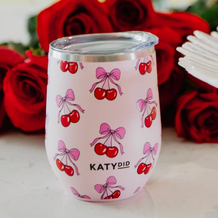 Elegant Girly Insulated Wine Tumbler, Stylish Colorful Drinkware for On-the-Go, Perfect Gift for Her Tumblers Cherry Bow