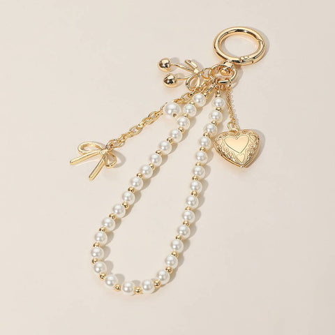 Heart Locket Bow Cherry Pearl Wristlet Keychain Bag Charm