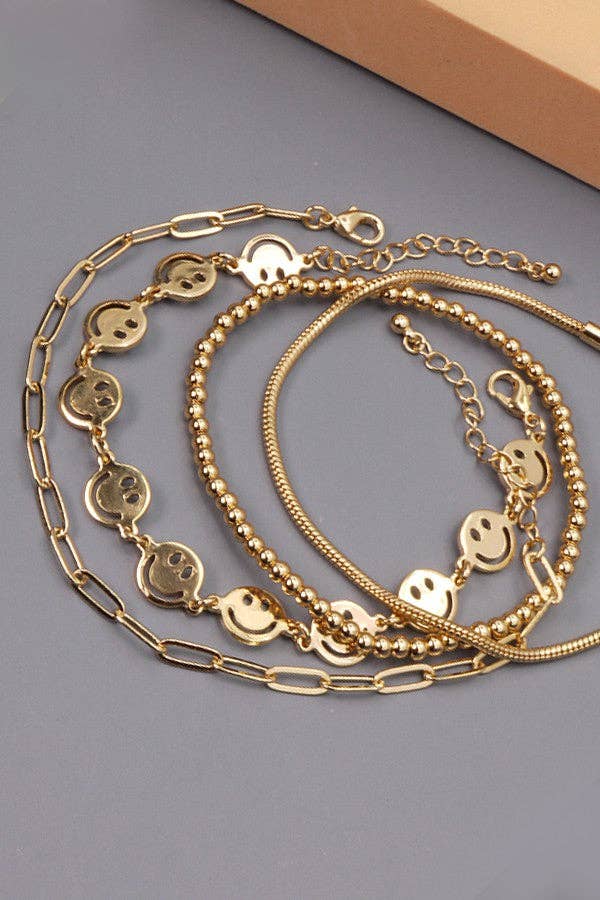 Smiley bead snake chain bracelet set, trendy 4-piece stack for daily glam, perfect gift for her Bracelet Chain