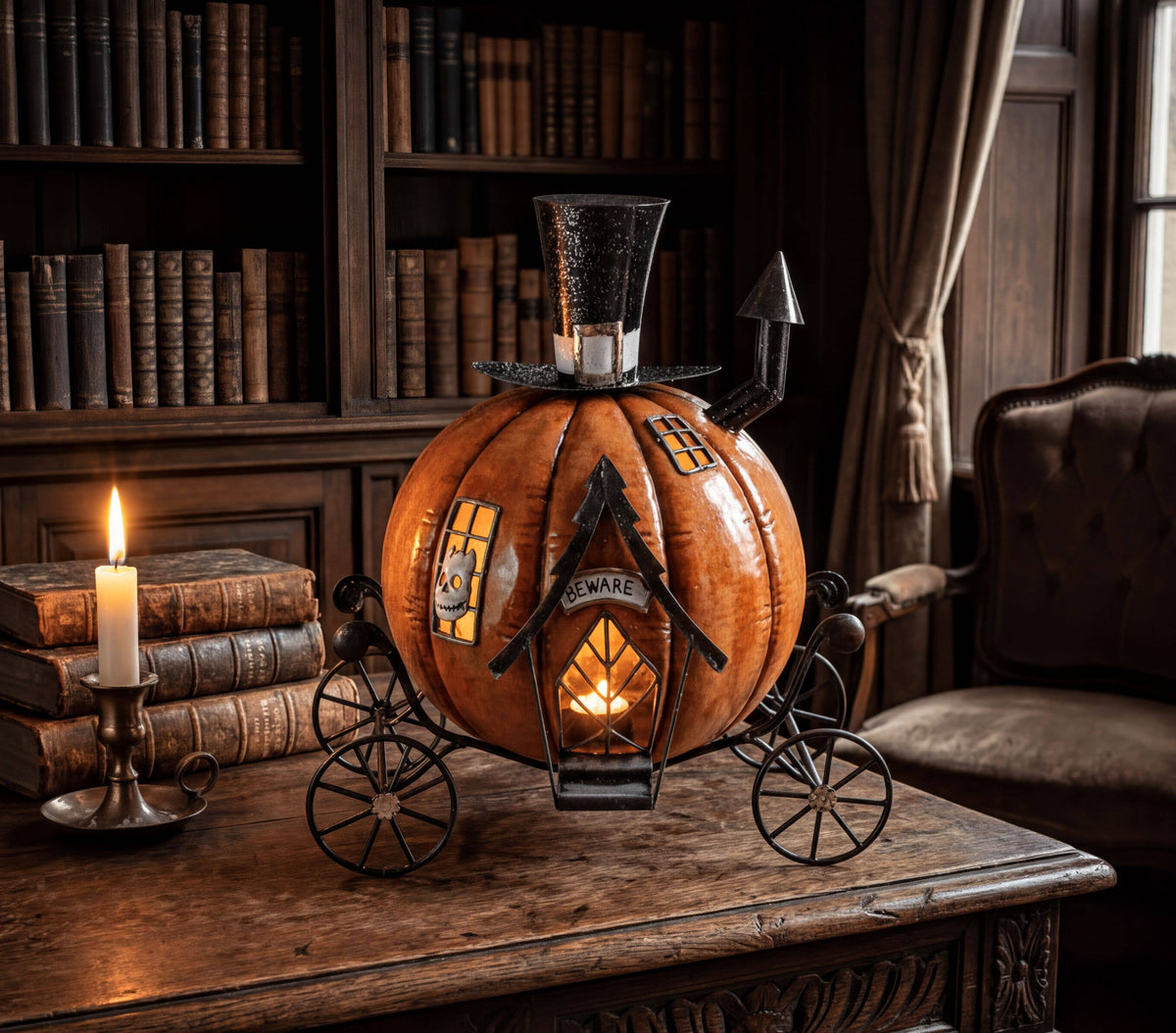Metal Halloween Pumpkin Carriage w/ Battery Power LED Lights