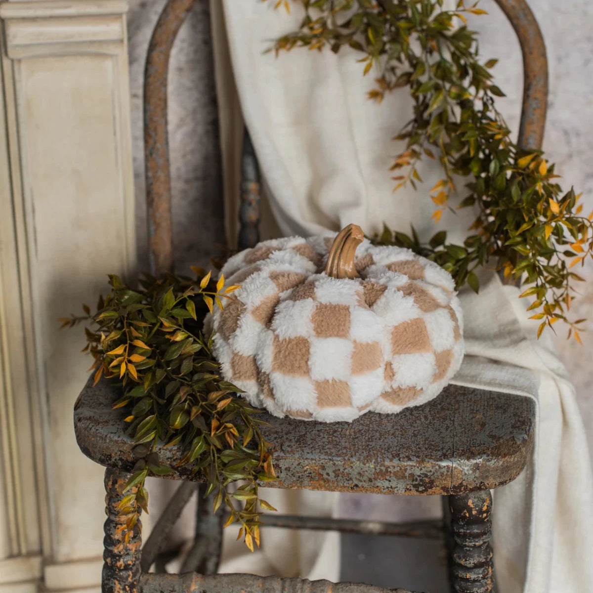 6.5" Brown & Cream Check Fabric Pumpkin - Nifty Decor & More