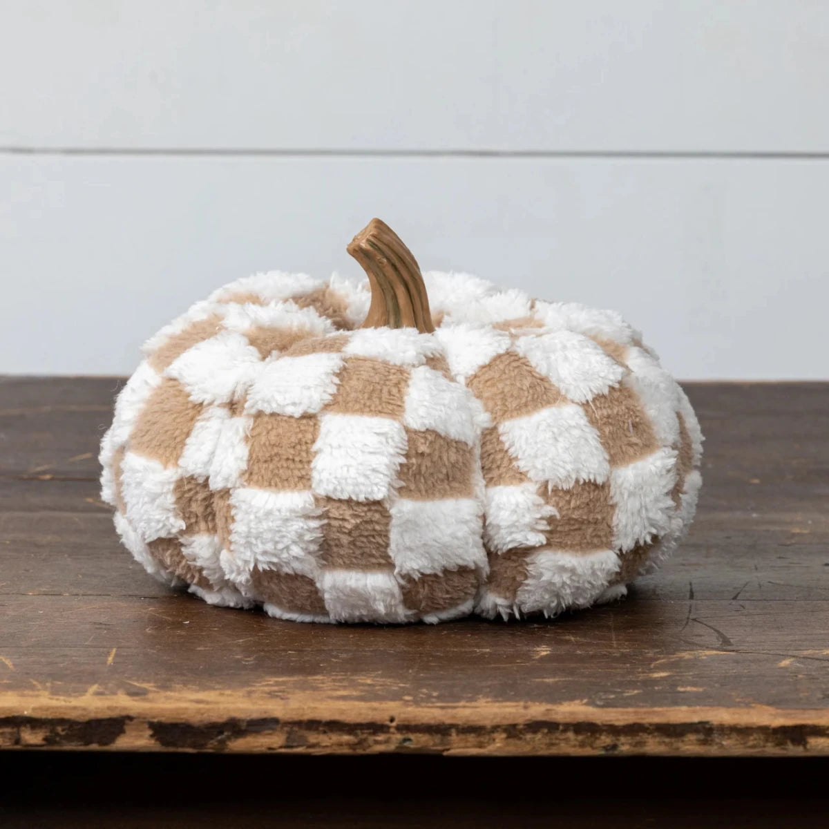 6.5" Brown & Cream Check Fabric Pumpkin - Nifty Decor & More