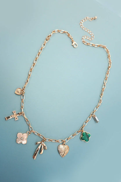 Green Clover Bow Cross Heart Charm Necklace