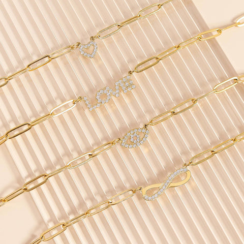 Stone Heart Paperclip Chain 18K Gold PVD Stainless Steel Set Chain Necklace