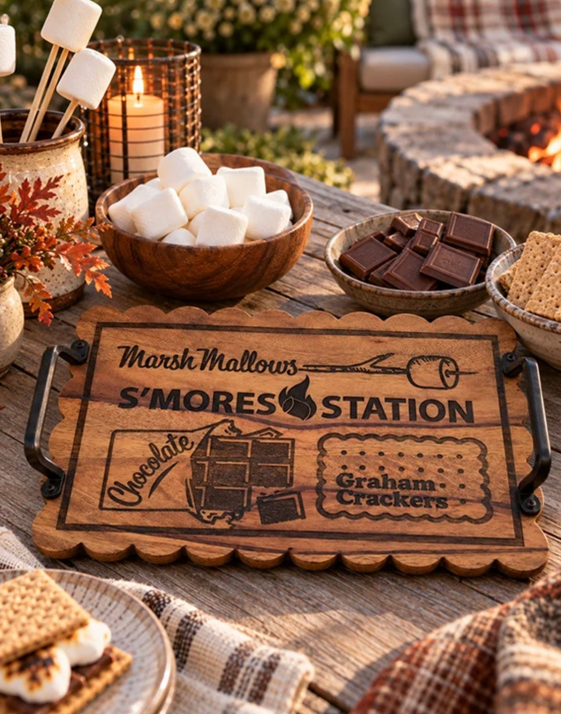 Campfire Wood & Iron S'mores Serving Tray