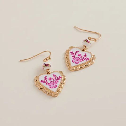 Heart Print Enamel Charm Ceramic Bead Earrings