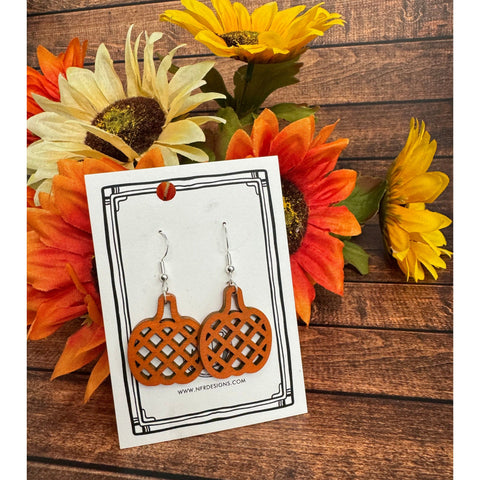 Wooden Pumpkin Earrings  Basket Orange Silver