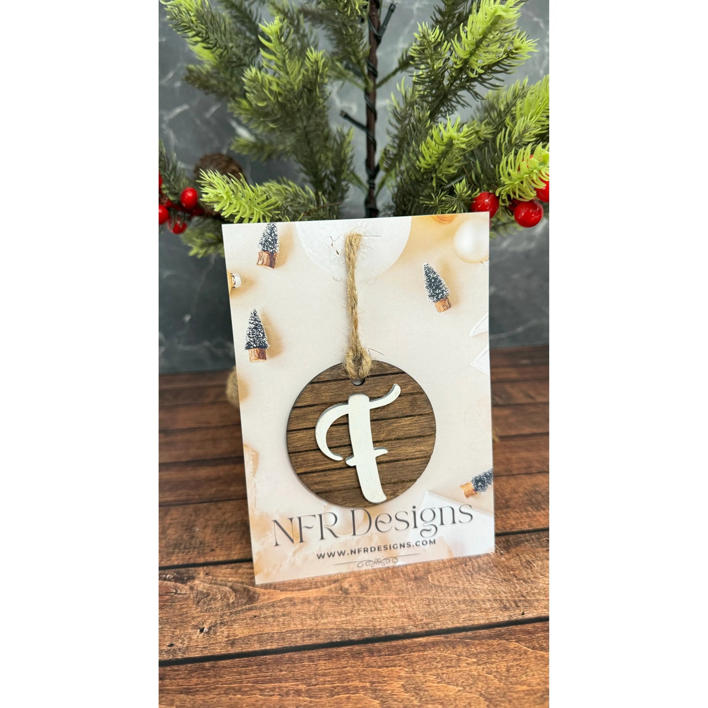 Shiplap Initial Christmas Ornament - Cursive Font Christmas Ornament F - Cursive White letter/Dark backing 