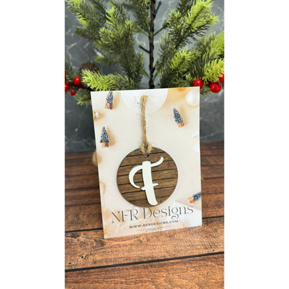 Farmhouse Initial Christmas Ornament, Personalized Wooden Monogram Ornament, Rustic Shiplap Tree Ornament, Custom Stocking Tag, Housewarming Gift Christmas Ornament F - Cursive White letter/Dark backing
