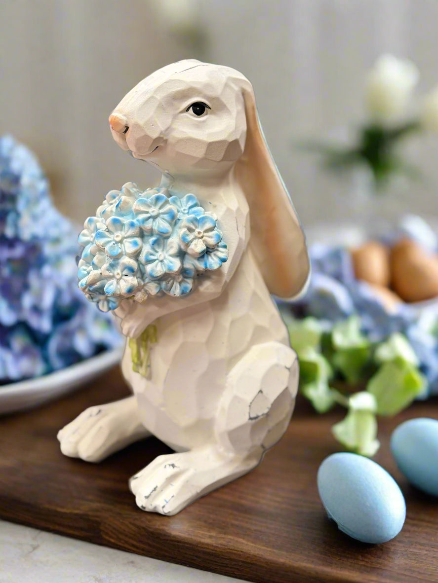 Nibbles Bunny with Blue Hydrangea | Cute Bunny Decor, Spring & Easter Home Accent, Adorable Rabbit Figurine, Gift for Animal Lovers table decor