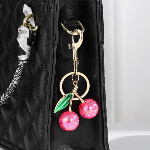 Pearlie Cherry Drop Keychain, Croquette Preppy Bag Charm with Leaf Accent, Stylish Purse Accessory, Gift for Her