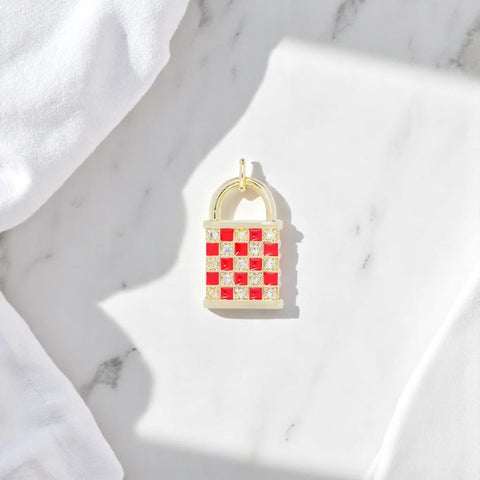 Red Checkered Lock Charm, cute add on for necklaces & bracelets, dainty accessory for statement making gifts charm