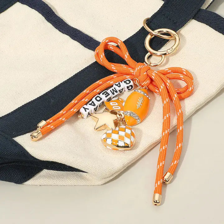 Football Charm Game Day Message Beaded Rope Bow Accent Keychain / Bag Charm