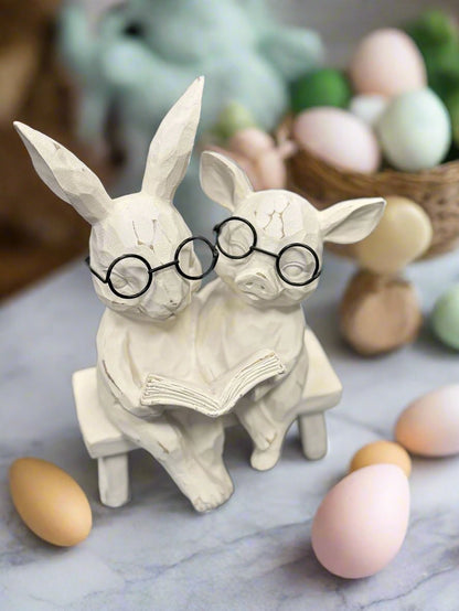 7" Reading Bunny and Pig on Bench | Spring Decor for Nursery Room | Cute Gift Ideas - Nifty Decor & More