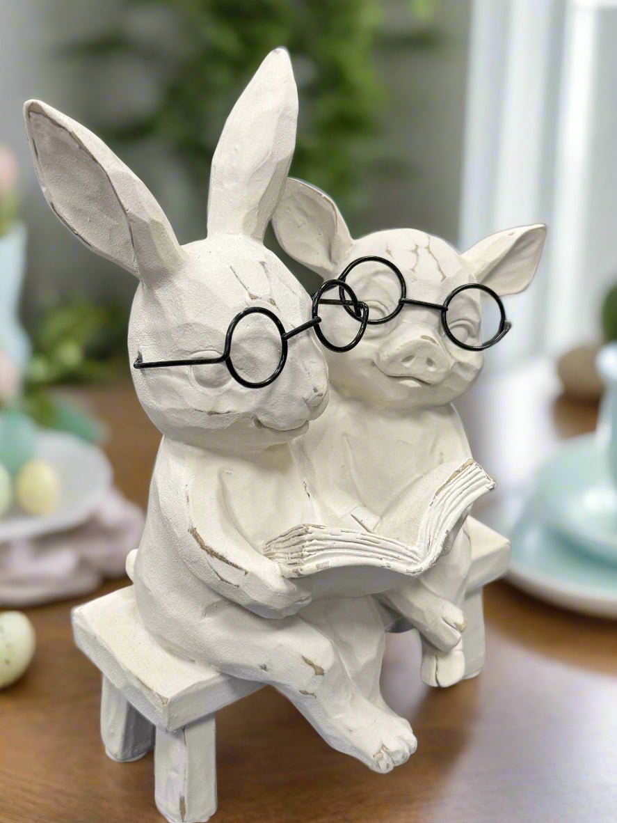 7" Reading Bunny and Pig on Bench | Spring Decor for Nursery Room | Cute Gift Ideas animal figurine